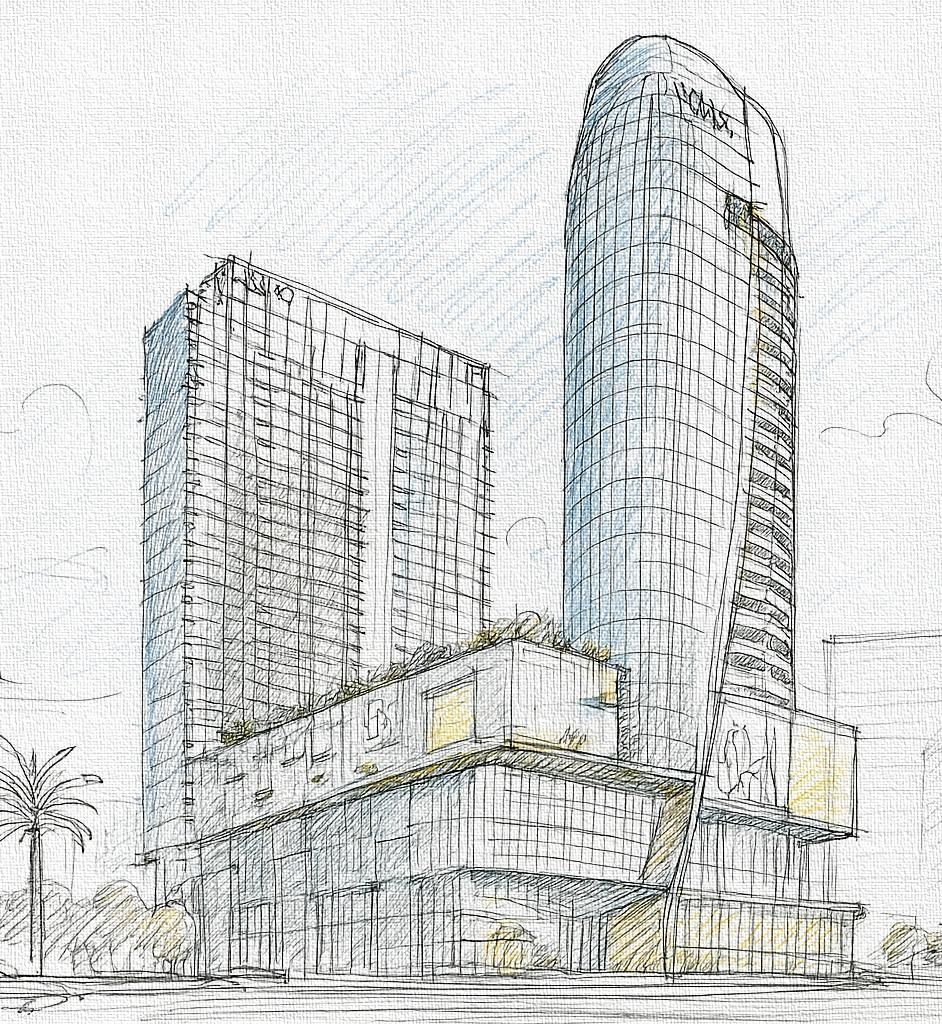 Architect's sketch of the two Gaur Studio towers